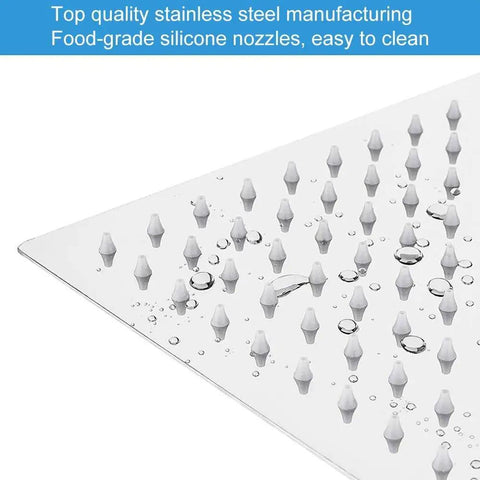 Close-up of square rain shower head with extension arm 16 inch chrome finish, silicone nozzles for rainfall and waterfall modes.