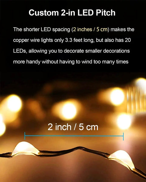 Close-up of Battery Operated Fairy Lights 20 LED On A 3.3ft Copper Wire Twinkle String highlighting LED spacing.
