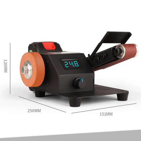 350W Electric Belt Sharpener With Adjustable 90 Degree Angle And Max Speed Of 10000 Rpm on a workbench showing controls, durable metal housing.