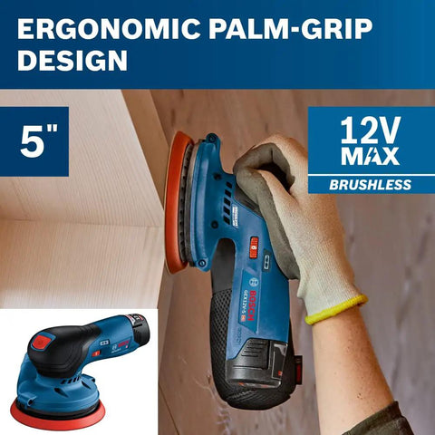 Person using 12V Max Brushless 5 Inch Random Orbit Sander With Ergonomic Palm Grip Dust Collection Variable Speed Soft Start Technology And All Day Comfort For Pro Finishing Workhorse Bare Tool on wood surface.