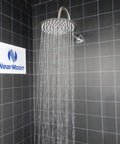 Ultra Thin Rain Shower Head With High Flow Stainless Steel, 8 Inch Brushed Nickel Finish, spraying water in tiled shower