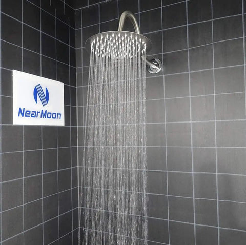 Ultra Thin Rain Shower Head With High Flow Stainless Steel, 8 Inch Brushed Nickel Finish, spraying water in tiled shower