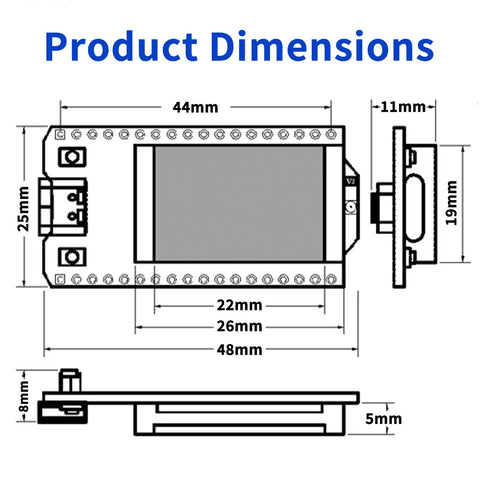 Top Shelf Esp32 S3 LoRa V3 Module Board Packing Rad Sx1262 Long Range Radio dimensions with measurements on a technical drawing.