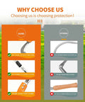 Comparison chart between long handled high branch weeding sickle with stainless steel blade and other tools showcasing durability.