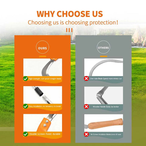 Comparison chart between long handled high branch weeding sickle with stainless steel blade and other tools showcasing durability.