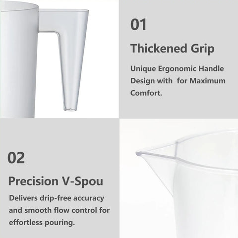 Side view of Food Grade Plastic Measuring Pitcher 32 Oz Four Cup With Handle For Liquid Mixing Oils Pool And Lawn Chemicals