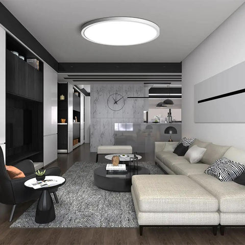 12 Inch Ultra Thin LED Flush Mount Ceiling Light Fixture Daylight White 5000K, 24W, 3200 Lumens in modern living room.