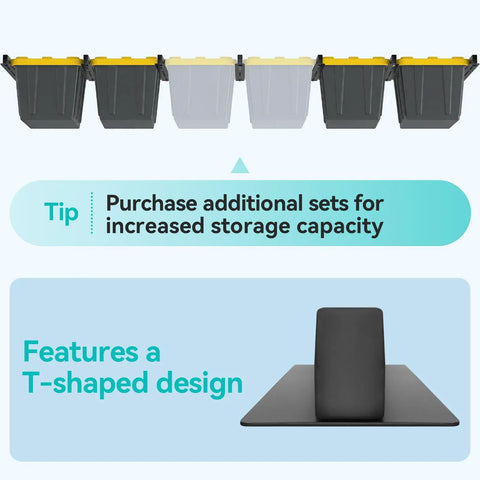 6-Bin Overhead Garage Storage Rack With Heavy-Duty Ceiling Tote Rails for space-saving storage and T-shaped design