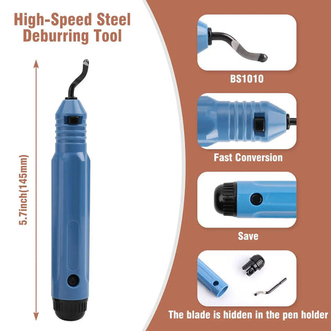 Pro Grade Copper Pipe Cutter And Expander Drill Bit Tools Set Swaging HVAC Deburring Kit, blue steel deburring tool detail.