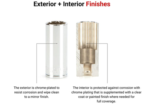 Comparison of exterior chrome-plated and interior finishes of 3/8 Inch Drive Deep 10mm 12 Point Socket Chrome Plated With Bold Markings