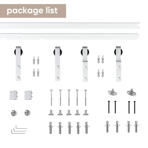 Package contents of 6.6Ft Brushed Nickel Barn Door Hardware Kit Built Tough for Single Track Sliding Doors, Heavy Duty Rail System