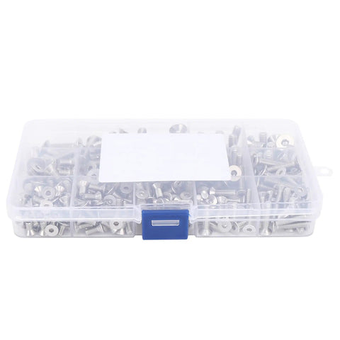 Heavy Duty 260 Piece Assorted Flat Head Hex Socket Screw Set With Countersunk Fasteners In M4 M5 And M6 Sizes Made From Top Grade Stainless Steel 304 organized in transparent storage box.
