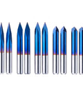 Triangular CNC Router Bit Set 0.1mm V-Bits with Nano Blue Coating and Sharp Pyramid Tips, 1/8 Inch Shank, 20/30/45/60/90 Degree Engraving Bits