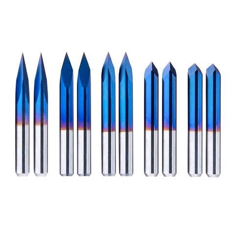 Triangular CNC Router Bit Set 0.1mm V-Bits with Nano Blue Coating and Sharp Pyramid Tips, 1/8 Inch Shank, 20/30/45/60/90 Degree Engraving Bits