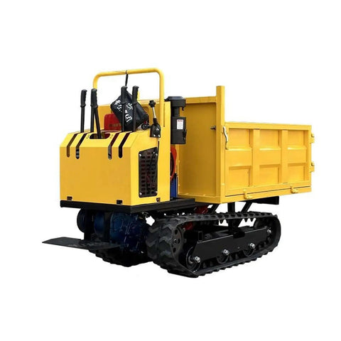 Heavy Duty Mini Crawler Dumper Workhorse With Kickass Hydraulic Dump Bed And Grippy Steel Tracks for tough hauling on construction sites.