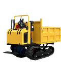 Heavy Duty Mini Crawler Dumper With Responsive Hydraulic Lift System Paired With Tough As Nails Track Carrier, yellow, side view.