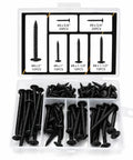 Number Eight Washer Head Screws Kit in Black Coated Finish, 85 Piece Set with six lengths displayed in compartmentalized box