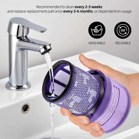 Person washing 2 Pack Replacement Vacuum Filters For V11 Animal V11 Torque Drive V11 Complete V11 Extra And V15 Detect V15s Detect Cordless Vacuums Washable Reusable Pet Hair Dirt Dust under a faucet
