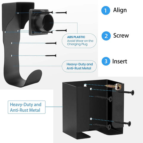 Heavy Duty EV Charger Holder Kit With J Hook Cable Organizer Wall Mount Nozzle Dock For SAE J1772 Tesla showing installation steps and materials used.