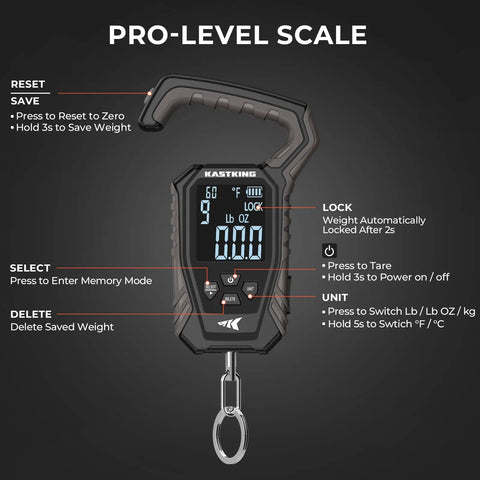 WeighMaster Mechanical Digital Fishing Scale With Lip Gripper 120 Lb Capacity 2.5 Inch Backlit Display High Precision Sensor
