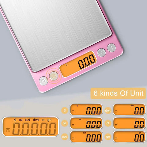 0.01g High Precision Kitchen Scale With 500g Capacity Portable Digital Scale LCD Display Tare Function Dual Tray Batteries Included Pink
