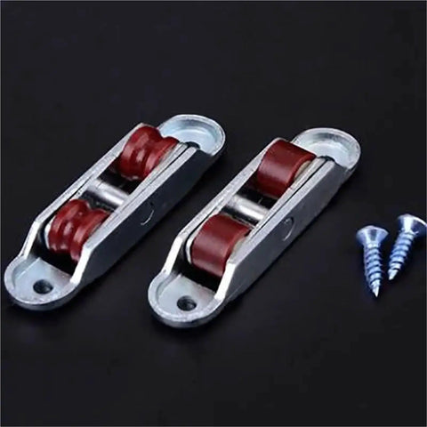 Smooth As Butter Heavy Duty Sliding Door Rollers And Pulley System with dual rubberized wheels and screws for easy installation.