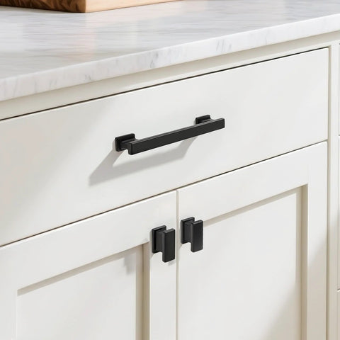 10 Pack Matte Black Solid Cabinet Pulls 5 Inch Center To Center 128mm Hole Centers 6 Inch Overall Length on white kitchen cabinets