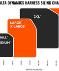 Javelina Fall Protection Safety Harness For Construction Pros sizing chart, showing various sizes based on height and weight.
