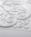 Close-up of Dope Drop Ceiling Upgrade Kit With Decorative 2x2 Tile Set, Spanish Floral Matte White, 24x24 in, PVC tile corner detail