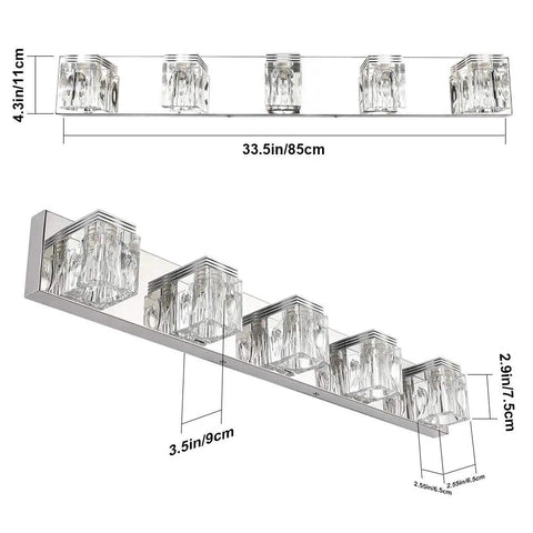 Five Light LED Modern Bathroom Vanity Fixture With Crystal Glass And Stainless Steel Over Mirror, dimensions shown