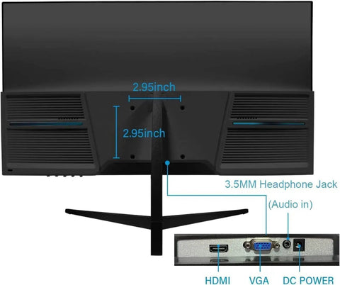 Back view of 22 Inch Full HD Security Monitor With HDMI VGA And Built In Speaker No Bluetooth Or WiFi Works With CCTV DVR NVR Clear 1080p Display For Round The Clock Surveillance showing ports and measurements.