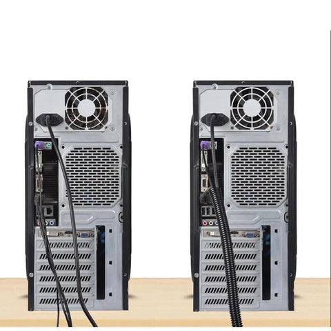 Heavy Duty Black Split Wire Loom Tubing For Hassle Free Cable Management 3/8 Inch Inner Diameter and flexible connections at device backs.