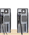 Image showing two computer towers from the back with multiple cable connections, ventilation, and power supply ports.