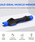 True Grip Trainer 2.0 Golf Grip Trainer For Right Hand, ergonomic black and blue grip aid on white background with features text.