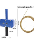 Asixxsix Wall Electric Wire Puller With Drill Adapter And 15 Meter Cable Automatic Pipe Threading, blue tool with gold wire, dimensions shown.