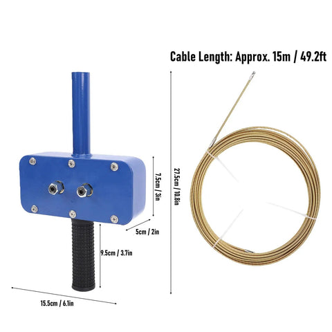 Asixxsix Wall Electric Wire Puller With Drill Adapter And 15 Meter Cable Automatic Pipe Threading, blue tool with gold wire, dimensions shown.