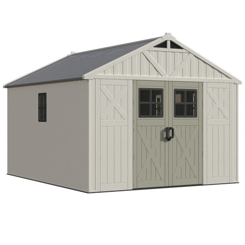 10x12 Ft Outdoor Storage Shed With Floor And Lockable Door All Weather Resin With Skylight And Multiple Windows Beige Backyard Garden Shed