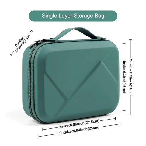 Sick EVA Electronics Storage Case Large Shockproof Waterproof Accessory Tote For Cables Phones And Tech Gear Organizing While Traveling Or Working In Rugged Green with dimensions displayed.