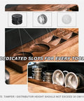 Transform Your Counter Into A Lowkey Essential Coffee Bar With This Badass 2 Tier Organizer Stand Built On Solid Wood And Carbon Steel Frame Holds 12 Airtight Bean Canisters One Way Valves Plus Pour Funnel, featuring dedicated slots for espresso tools.