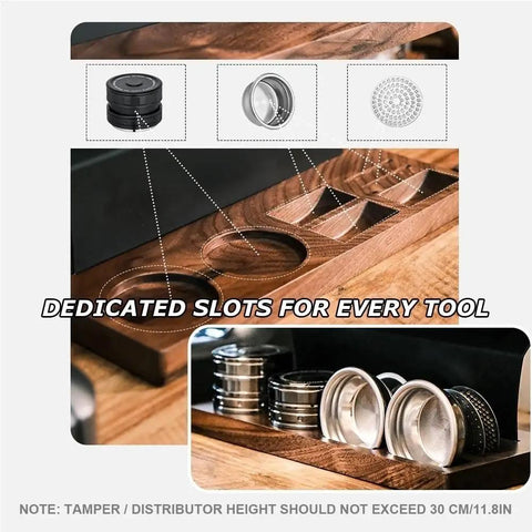 Transform Your Counter Into A Lowkey Essential Coffee Bar With This Badass 2 Tier Organizer Stand Built On Solid Wood And Carbon Steel Frame Holds 12 Airtight Bean Canisters One Way Valves Plus Pour Funnel, featuring dedicated slots for espresso tools.