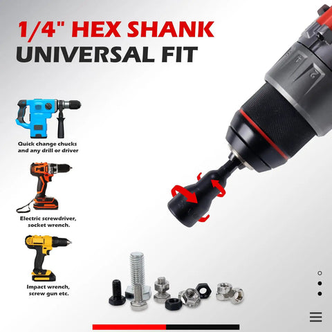 Magnetic Nut Driver Set for Impact Drills, 35 Piece with Quarter Inch Quick Change Hex Shank, SAE and Metric displayed with tools
