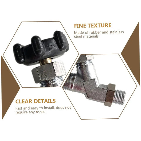 Close-up of full drain valve and steam release valve made of stainless steel and rubber with threaded inlet and shower shutoff