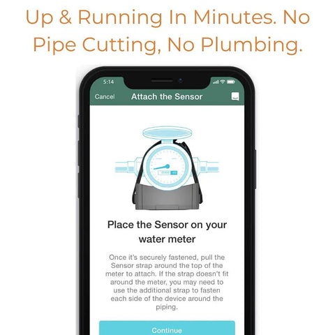 Smart Home Water Monitor And Leak Detector With WiFi Connectivity, Real Time Usage Tracking, Alerts, No Fuss Setup, And Broad Compatibility With Most Residential Water Meters For Android And iOS. Phone setup screen attaching sensor to water meter.