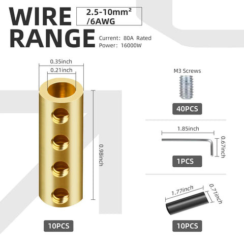 10 Pack 6-10 AWG Wire Connector Kit With 80 Amp Quick Wiring Terminals, splice connectors, heat shrink tubing, wrench, dimensions
