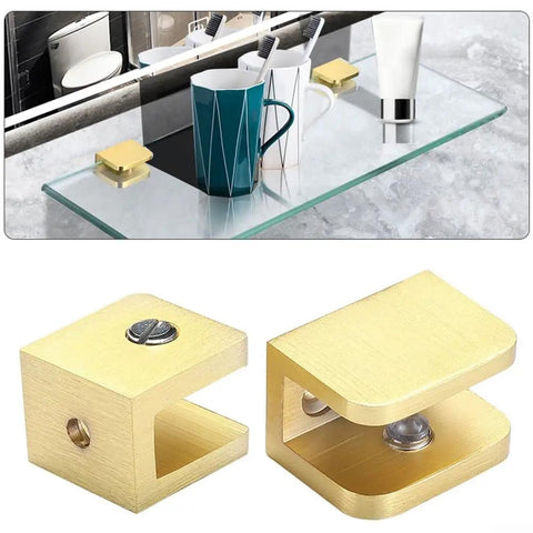 Gold Glass Shelf Brackets 2 Pack For 8mm To 12mm Thick Glass Easy No Drill Clip Mounts For Home And Office Brass Style Shelf Supports Quick Install Renters Friendly Display Clips showing glass shelf setup.