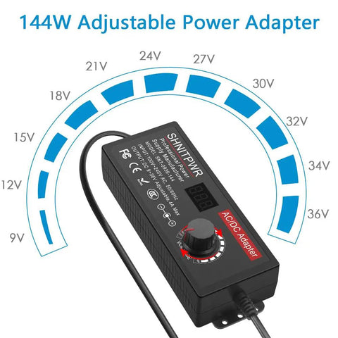 Versatile 144W Adjustable DC Power Supply from 9V to 36V, 4A max, with LCD display and voltage dial range shown.