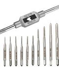 Compact 10 Piece Pro Grade HSS Micro Tap Set M1 To M3.5 With Adjustable Tap Wrench for home workshop tapping, metric sizes shown.