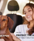 Woman and dachshund in car protecting air quality with 2 Pack Activated Carbon HEPA Cabin Air Filter For Tesla Model 3 And Model Y 2016 To 2026.