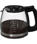 Front view: 12-cup glass coffee carafe with black lid and handle; replacement pot for Hamilton Beach Flexbrew.