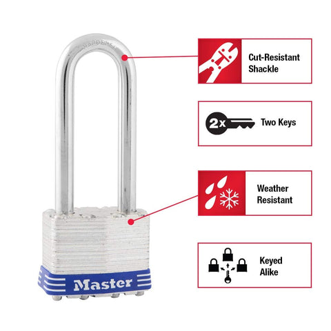 Keyed-Alike Outdoor Padlocks With Keys, Extra Long Shackle For Gate, Fence, Shed And Equipment, Durable Laminated Steel Body
